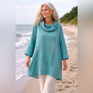 Kaliyana Artwear Cowl Neck Tunic Dress M/L Teal Linen Leaf Boho Lagenlook box B
